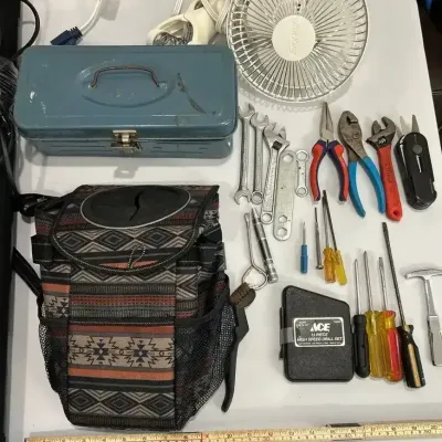 Miscellaneous Tools, Clip On Fan, And Car Trash Receptacle 