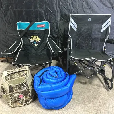 Camping & Tailgating Gear – Buc-ee’s GCI Rocker, Jaguars Chair, Cooler Backpack & Sleeping Bag