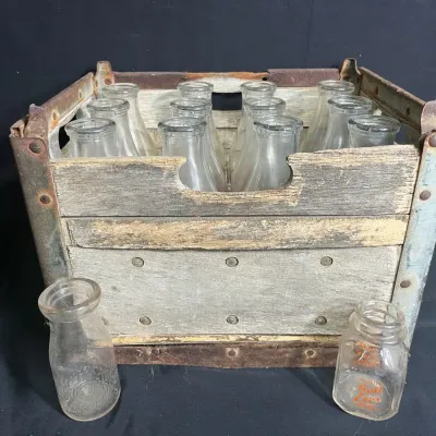 Vintage Milk Bottles And Crate