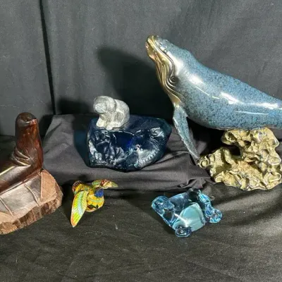 Assorted Animal Figurines – Whale, Cloisonné Bird, Art Glass Turtle & More