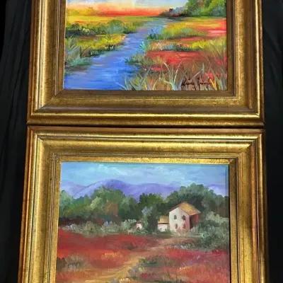 Pair of Signed Diana Ines Mar Landscape Oil Paintings in Gold-Tone Frames