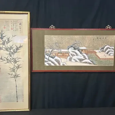 Framed Chinese-Style Bamboo & Snow Landscape Artwork – Pair