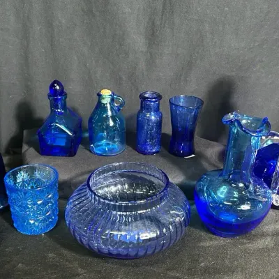 Assorted Cobalt & Blue Art Glass – Cruets, Bell, Bottles & Miniatures
