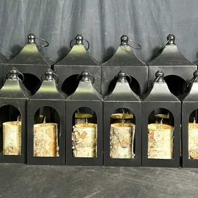 Set of 12 Black Metal Lanterns with Rustic Birch-Style Candles
