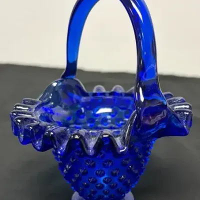 Fenton Cobalt Blue Hobnail Glass Basket
