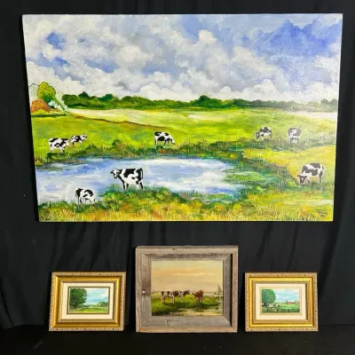 Four Original Cow & Pastoral Paintings – Elsie Prather, R. Traver & Robere Parks