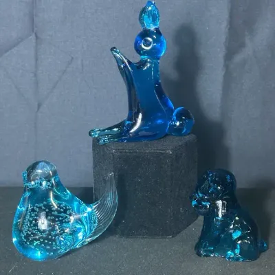 Trio of Blue Art Glass Animal Figurines – Bird, Dog & Playful Seal