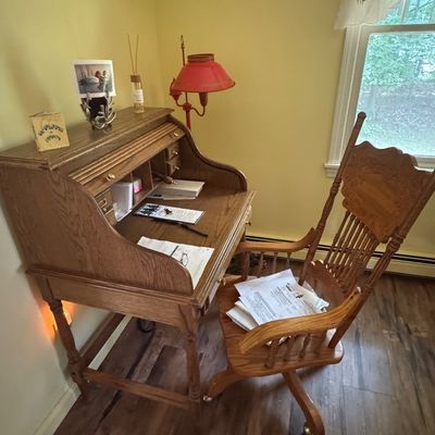 Sale Photo Thumbnail #29: Antique roll top desk and chair