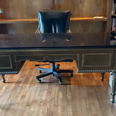 European Revival Styled Wood Desk with Leather Nailhead Trim Chair, Metal File Cabinet and Desk Lamp