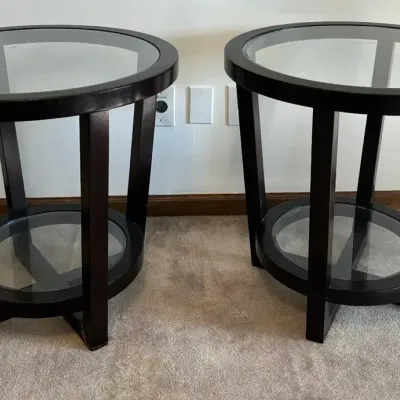 2 Round Wood And Tempered  Glass Side Tables