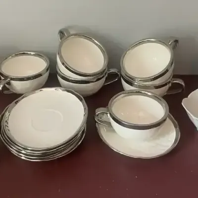 Pier 1 White Lotus Desert Bowls, Matching Gold & Silver Cup & Saucer Sets