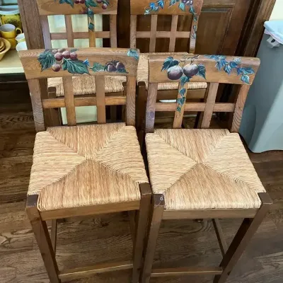 Counter Height, Wood and Rattan Hand-Painted Chairs