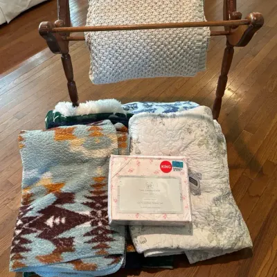 Wood Quilt Rack & Mystery Lot of Bedroom Linens Including Throw Pillow Covers 