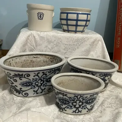Set of Three Matching Ceramic Planters, Blue & White Planter, & Vintage Ceramic Crock