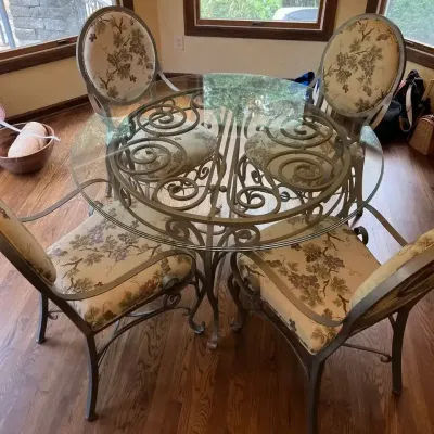 Glass Top Metal Frame Table and 4 Upholstered Chairs 