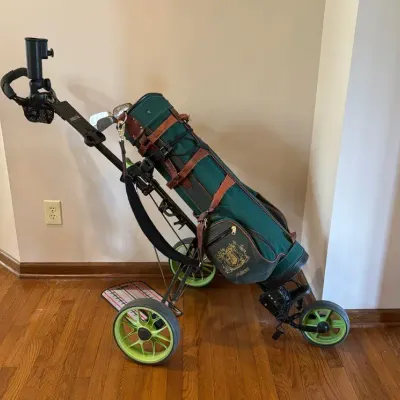 Caddy Tek Caddy Lit Bag Carrier, AG Edward’s Golf Bag, 3 Vintage Golf Clubs, Wingtip Putting Mirror 