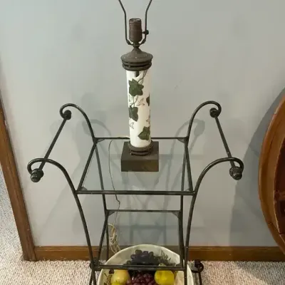 Glass & Metal Three Tiered Table, Antique Handpainted Lamp, Bowl w/ Fake Fruit