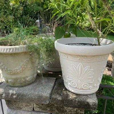 Two Matching Plastic Planters & Concrete Planter