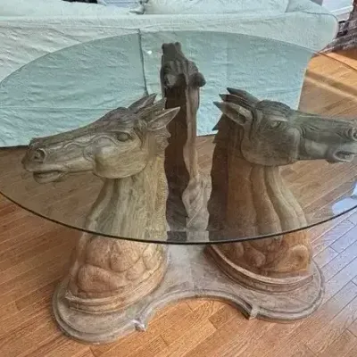Carved Wood Horse Heads Coffee Table with Glass Top