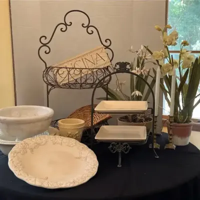 Decorative Plants, Serving Pieces and Plate Stand