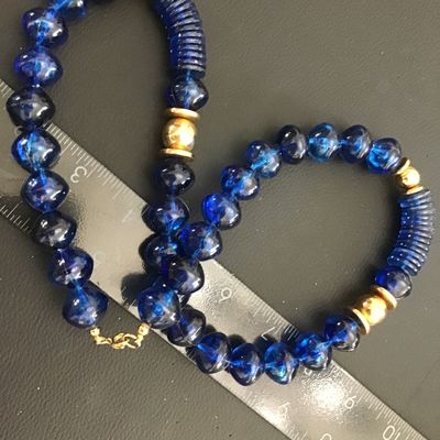 Faux Colbalt Blue Gold Tone Accents Stacking Ridge Disc Beads Unique Pretty