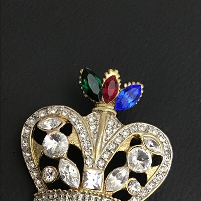Beautiful Rhinestone Multi Color Gold Tone Crown Brooch