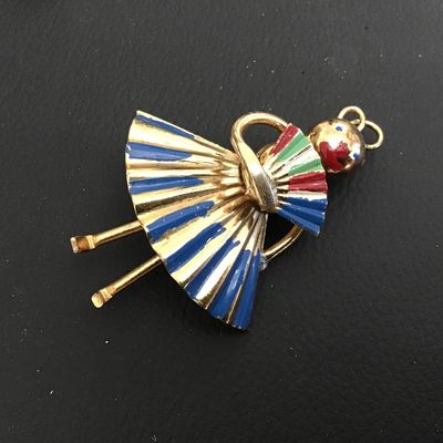 Pleated Skirt Hand painted Antique Brooch pendant Figure Fanned Dancer