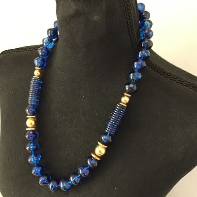 Faux Colbalt Blue Gold Tone Accents Stacking Ridge Disc Beads Unique Pretty