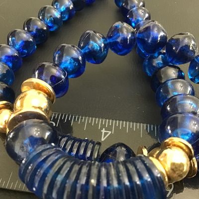 Faux Colbalt Blue Gold Tone Accents Stacking Ridge Disc Beads Unique Pretty