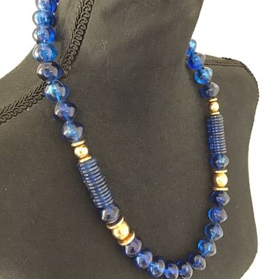 Faux Colbalt Blue Gold Tone Accents Stacking Ridge Disc Beads Unique Pretty