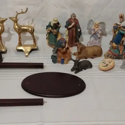 Christmas Nativity Scene and Brass Stocking Hangers 
