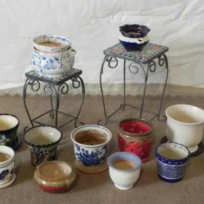 Small Tiled Metal Stands and Variety Flowerpots