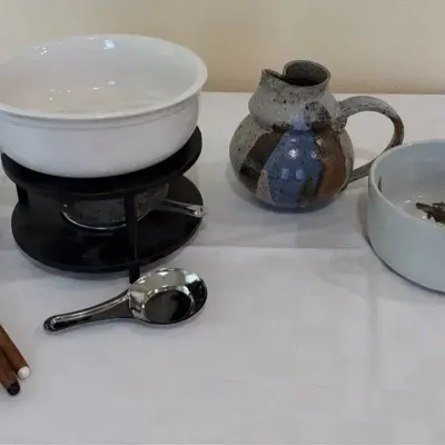 Fondue Set with Skewers and Studio Pottery Pieces 