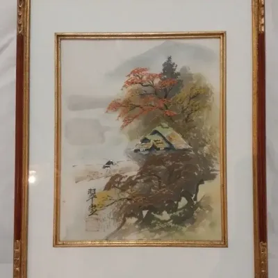 Japanese Watercolor of Traditional Rural Landscape on Silk