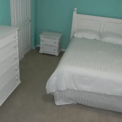 White Wood Queen Bed with Nightstand and 5 Drawer Dresser Plus Cavanaugh Pillowtop Mattress