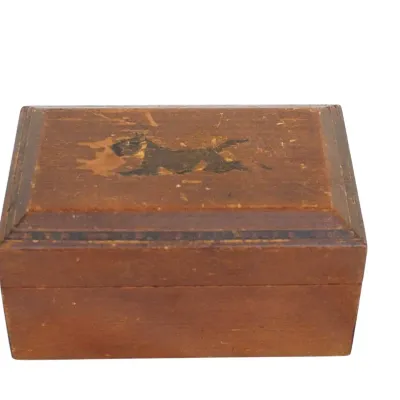 Sale Photo Thumbnail #274: ANTIQUE SCOTTIE INLAID WOOD AND PORCELAIN TEA/TOBACCO BOX
