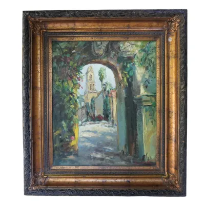 Sale Photo Thumbnail #194: ORIGINAL OIL ON CANVAS EUROPEAN ARCHWAY & CHURCH