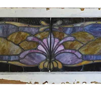 Sale Photo Thumbnail #221: ANTIQUE ART NOUVEAU LEADED STAINED GLASS WINDOW 47"