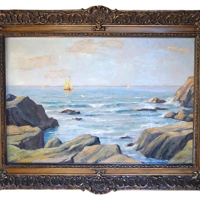 Sale Photo Thumbnail #229: OIL ON CANVAS ROCKY COASTAL SCENE WITH SAILBOATS
