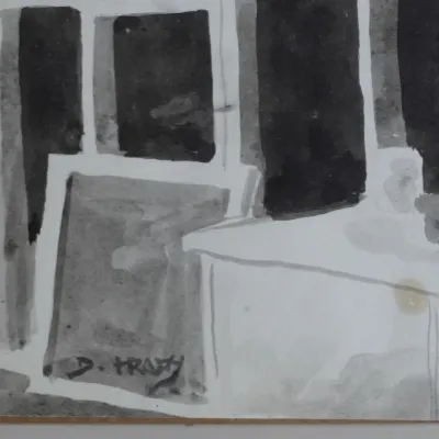 Sale Photo Thumbnail #237: DOX THRASH (1893-1965) STUDIO INTERIOR INK WASH ON PAPER