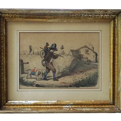 Sale Photo Thumbnail #207: 19TH C HAND COLORED ETCHING MUSICIAN WITH DOGS & MONKEY