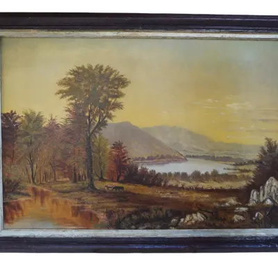 Sale Photo Thumbnail #200: 19th c HUDSON RIVER SCHOOL LANDSCAPE WITH GRAZING COWS