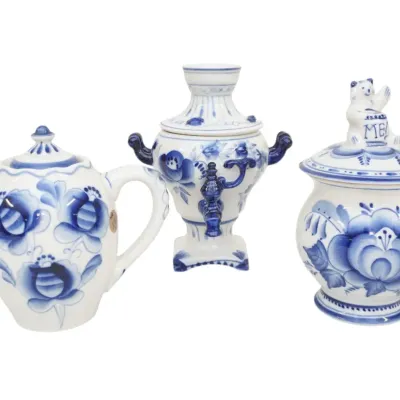 Sale Photo Thumbnail #320: 3 PIECES OF HAND PAINTED RUSSIAN GZHEL SAMOVAR BLUE AND WHITE CERAMICS