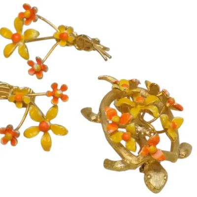 Sale Photo Thumbnail #47: MID CENTURY RARE MARVELLA ENAMELED FLORAL TURTLE BROOCH w EARRINGS