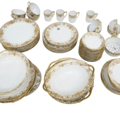 Sale Photo Thumbnail #106: 65 PC VINTAGE NORITAKE 1920S CREAM GOLD FLOWERS SCROLL