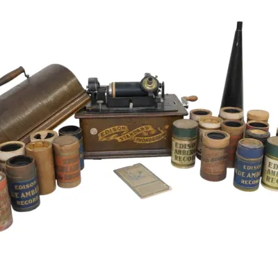 Sale Photo Thumbnail #185: ANTIQUE EDISON STANDARD PHONOGRAPH WITH 12 CYLINDER RECORDS