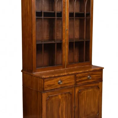 Sale Photo Thumbnail #201: GEORGE III FLAME MAHOGANY DOUBLE DOOR BOOKCASE