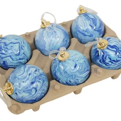 Sale Photo Thumbnail #306: 6 LARGE MARBLED BLUE GLASS ORNAMENTS