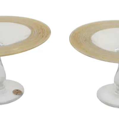 Sale Photo Thumbnail #174: PAIR STEUBEN ATTRIBUTED THREADED COMPOTE, CONTROLLED BUBBLES, TEARDROP PEDESTAL BASE