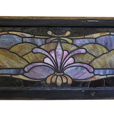 Sale Photo Thumbnail #220: ANTIQUE ART NOUVEAU LEADED STAINED GLASS WINDOW 47"